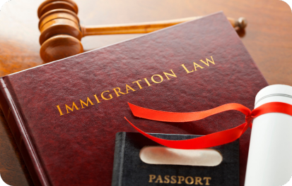 Immigration law book, passport, and gavel representing legal expertise