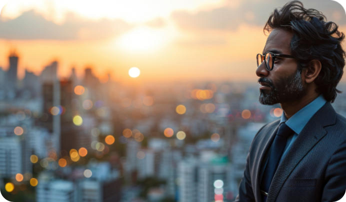 Confident businessman overlooking a city skyline, representing investors and entrepreneurs